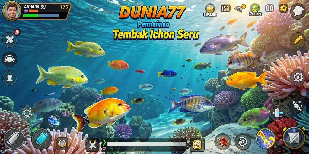 Screenshot gameplay DUNIA77 menampilkan momen menembak ikan yang mendebarkan.
