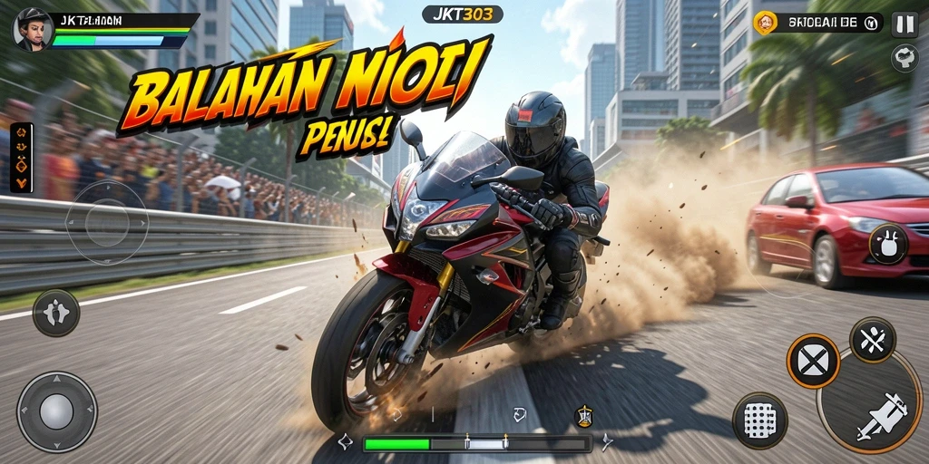 Gameplay seru JKT303 dalam balapan motor yang menegangkan.